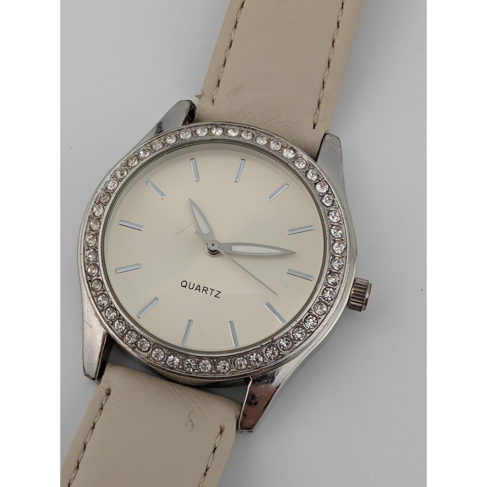 Accutime Watch Women 40mm Case Crystal Bezel White Faux Leather Band New Battery - Picture 5 of 9